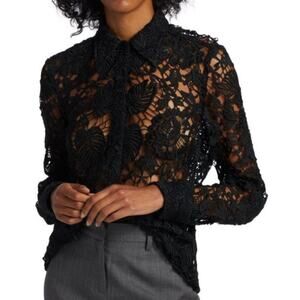 Nili Lotan Rive Embroidered Openwork Shirt Black Lace Button Up Womens Small